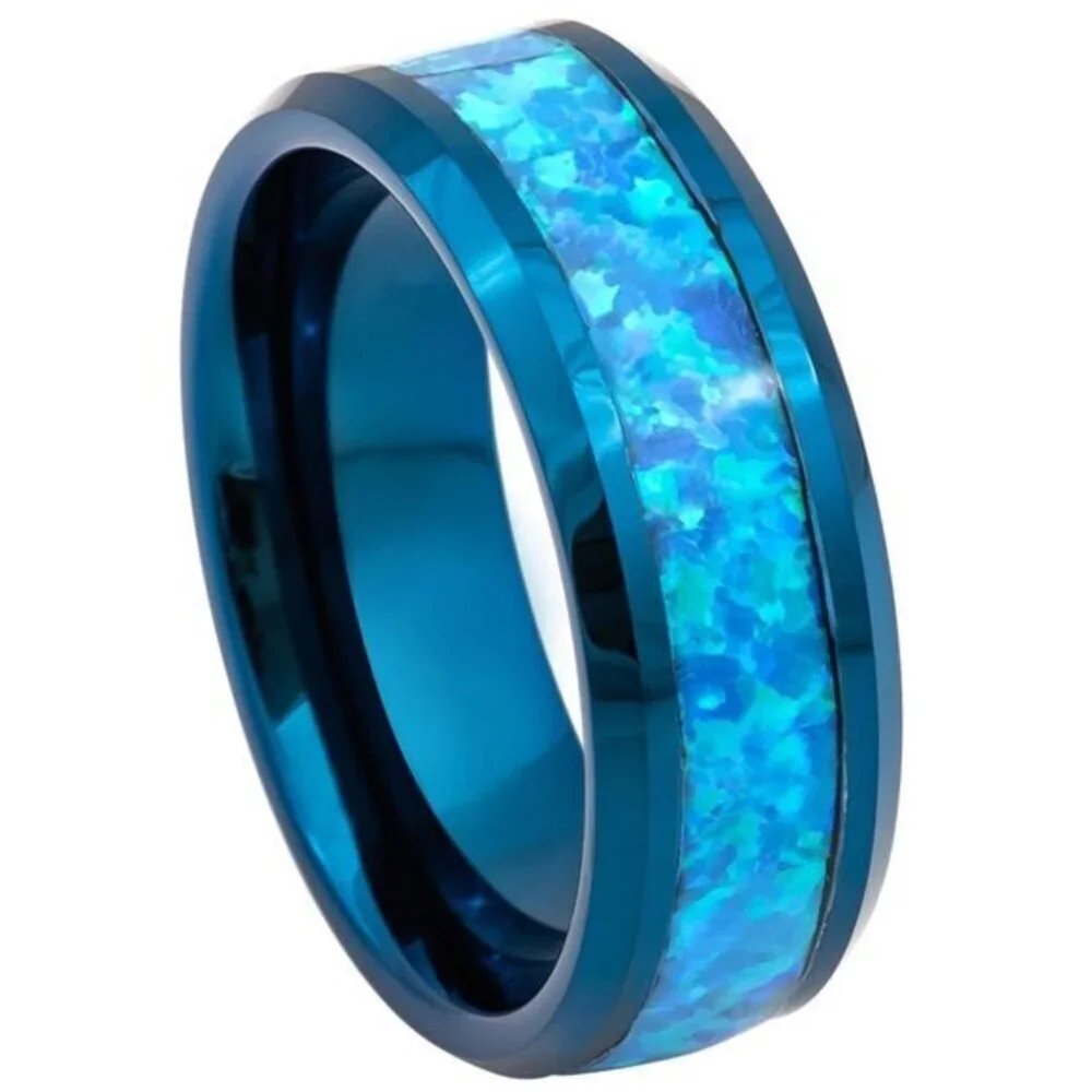 8mm Blue Green Opal Tungsten Ring Wedding Band